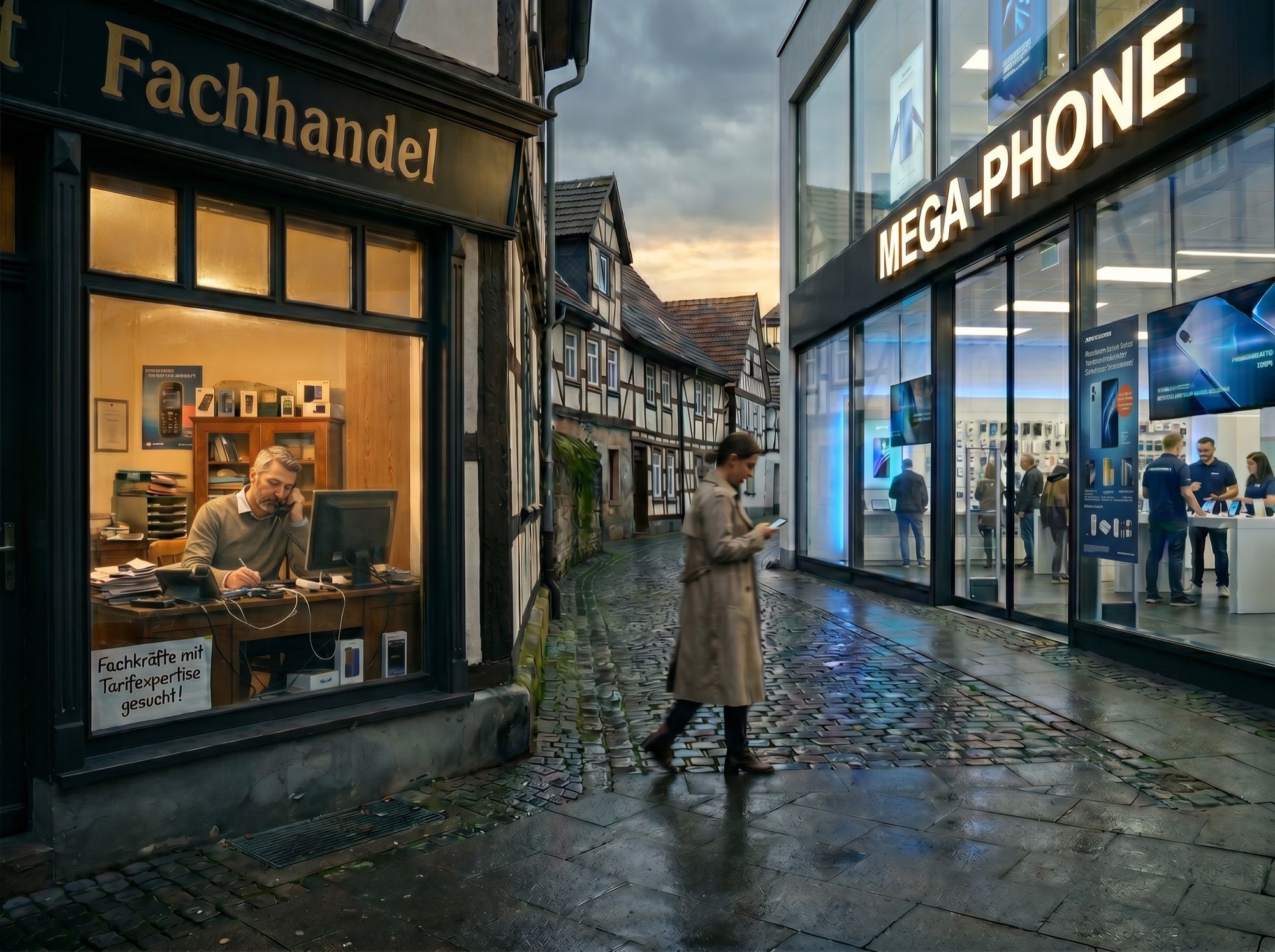Traditioneller TelCo-Fachhandel mit 'Fachkräfte gesucht!'-Schild im Schaufenster, gegenüber ein belebter moderner MEGA-PHONE-Großhandel. Eine Kundin geht scrollend in Richtung Großhandel.